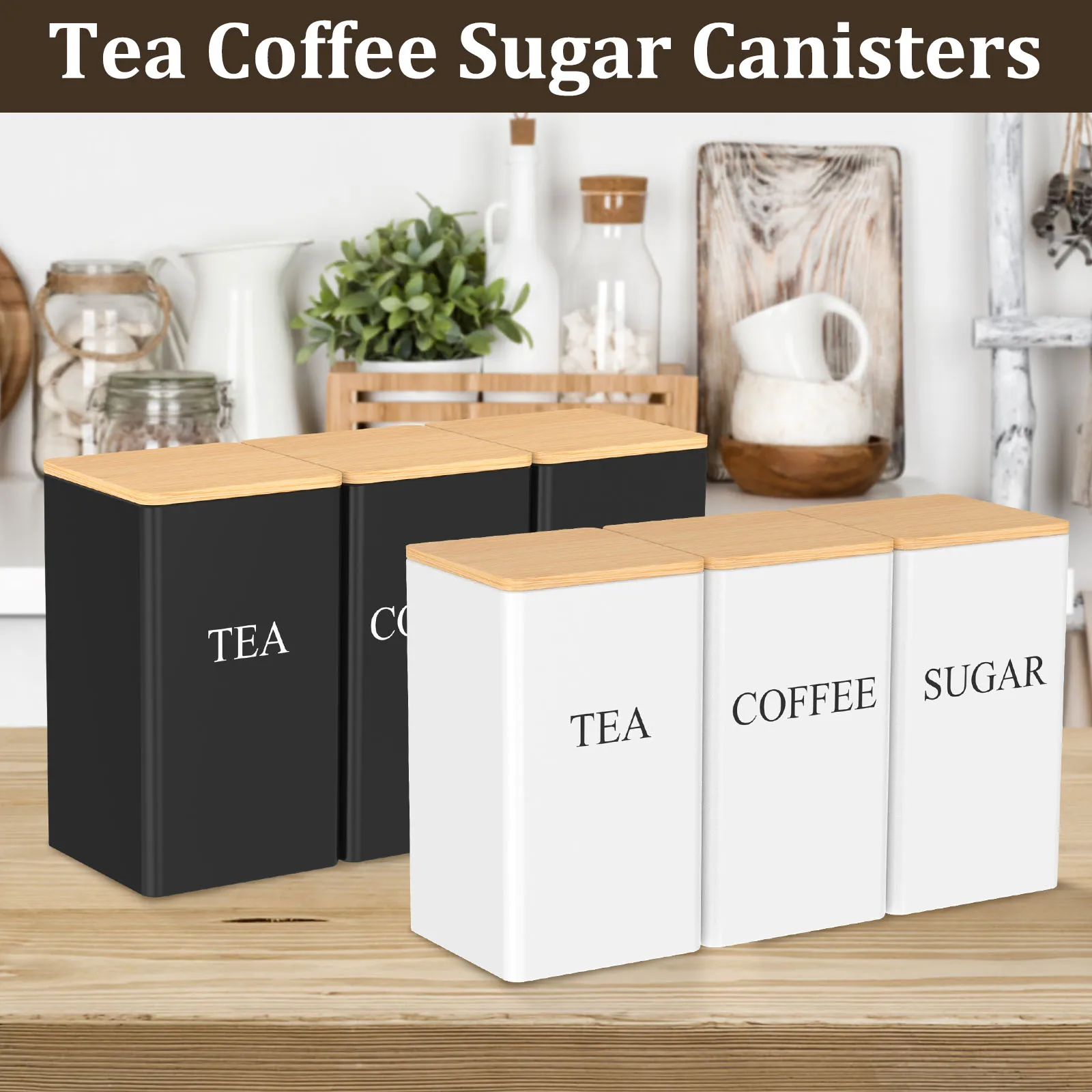 3Pc/Set Tea Coffee Sugar Canister 1000 ML Metal Coffee Bean Storage With Bamboo Lid Kitchen Storage Jar Tea Can Kitchen Supplies