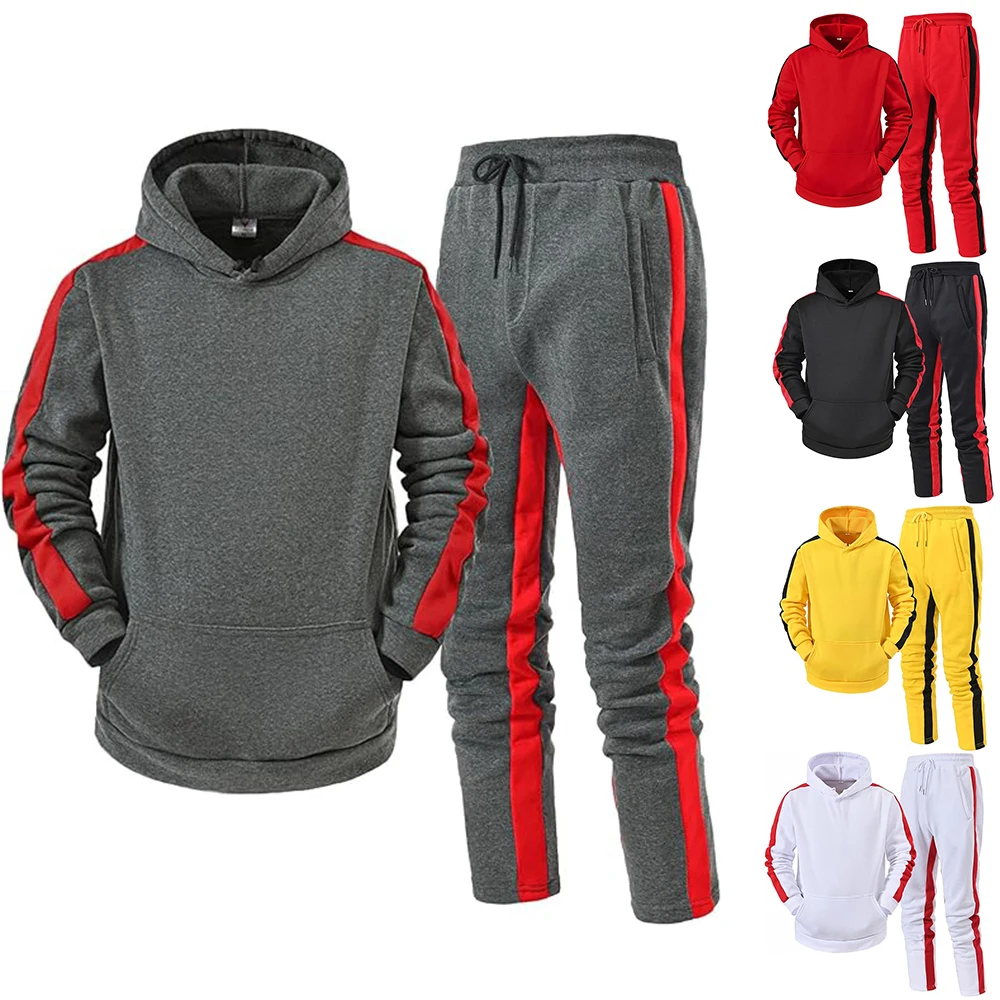 Men\'s Hooded Sweatshirts Set Solid Color Jogging Tracksuit Long Sleeve Suit Hoodies Trousers Yellow Casual