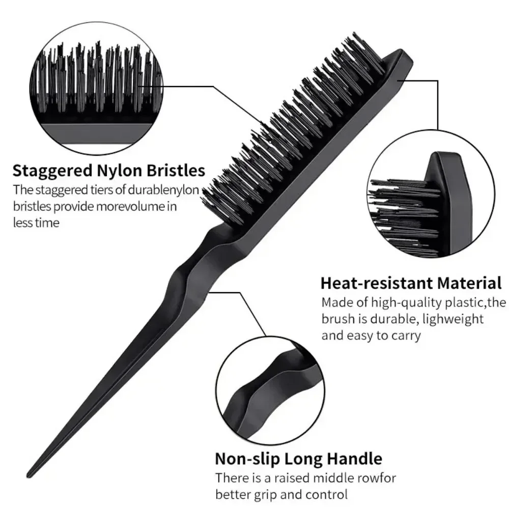 New 3Pcs Slick Back Hair Brush Set Bristle Hair Brush Brush Teasing Comb for Women Baby Kids Black Hair