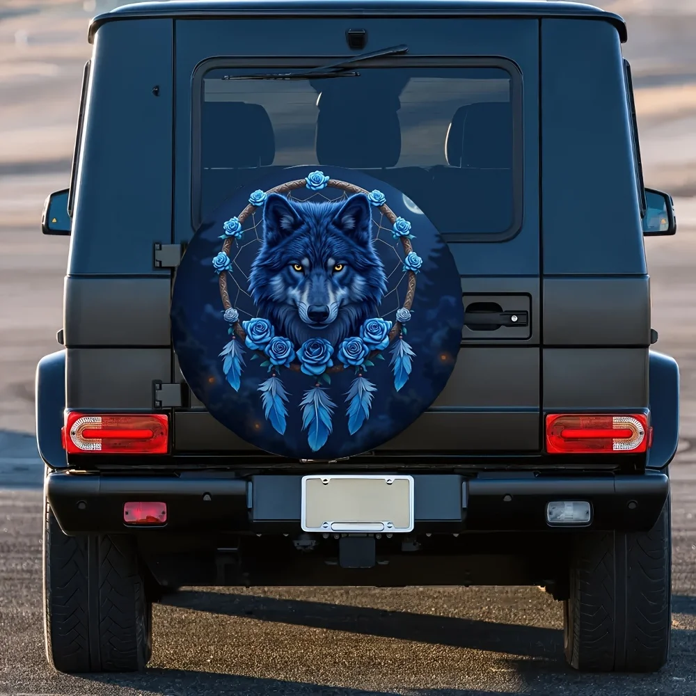One Piece Of 2D Flat-Printed Car Tire Covers Featuring A Blue Wolf Design, Made From Durable 100% Polyester Fabric, Suitable For