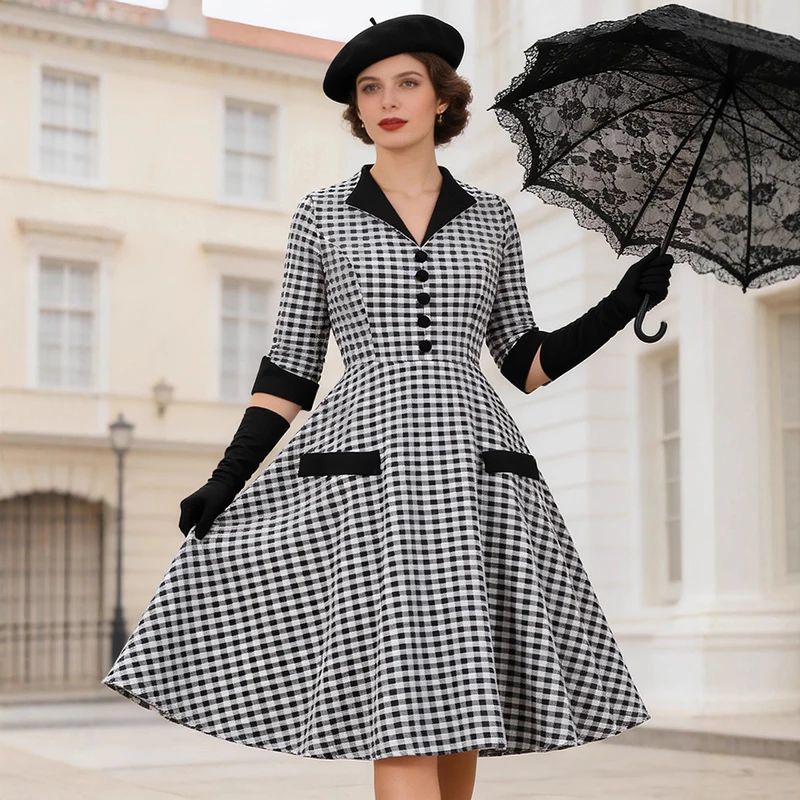 เดรสทรงเอลายสก็อตวินเทจ เดรสทรงเอเอวสูงสไตล์เรโทรสำหรับผู้หญิง แฟชั่นฤดูใบไม้ร่วงฤดูหนาว เดรสลายสก็อตคลาสสิกสำหรับสุภาพสตรี
