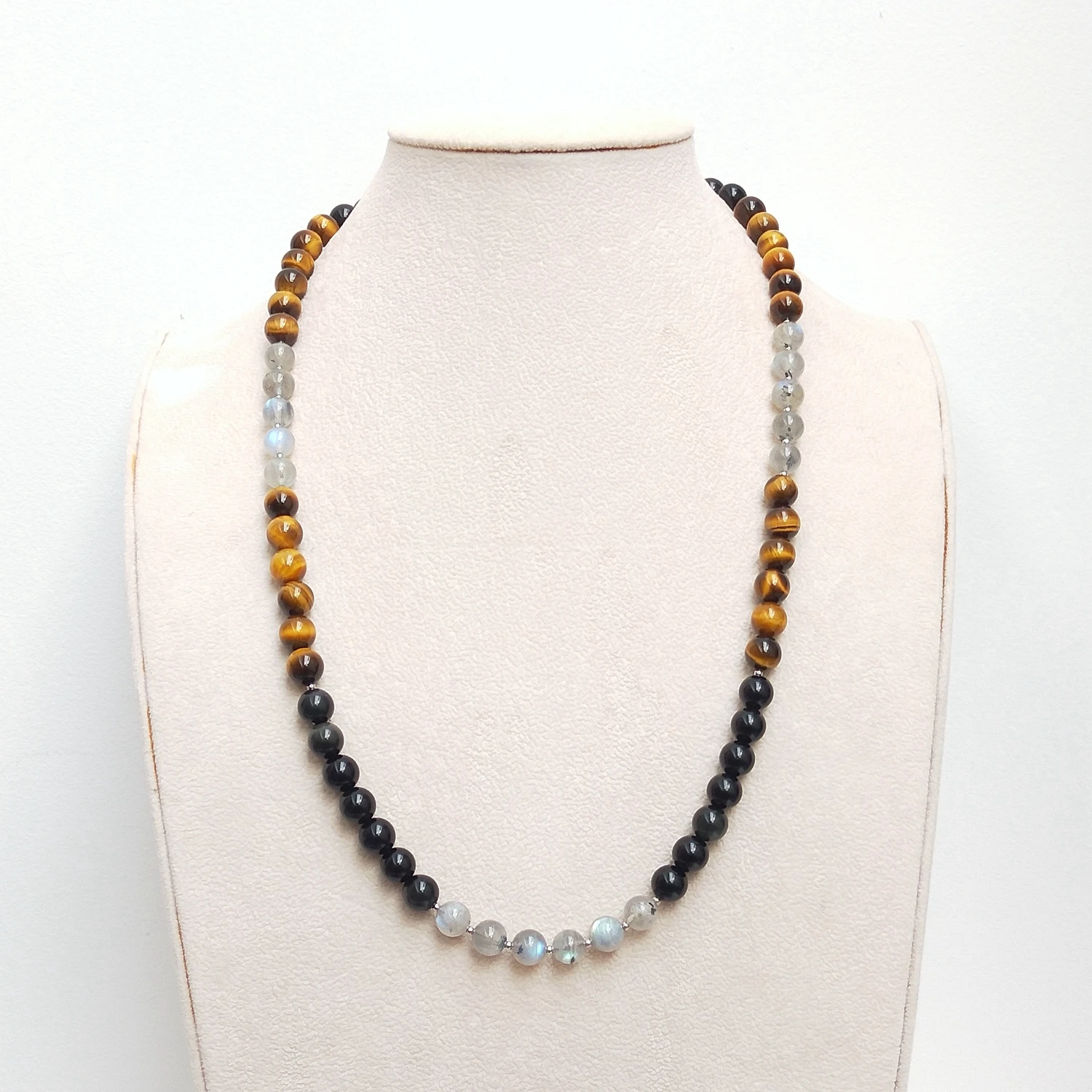 

Lii Ji Natural Stone 8mm Beaded Stainless Steel Necklace 58cm Bohemia Fashion Trendy Men Male Jewelry