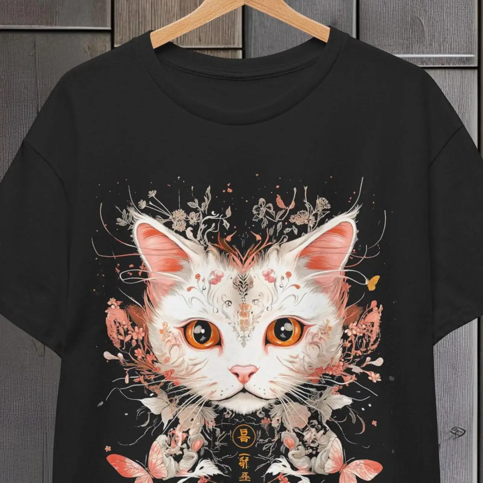 Japan Style Cat Face T Shirt Japanese Fashion Anthropomorphic Feline Stylish Design Top Lover  vintage Washed Stretched fashion