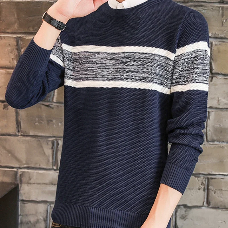 Осенний повседневный мужской свитер, тонкий лоскутный свитер больших размеров, мужской вязаный пуловер, свитер 2025 года, новый хлопковый черный свитер с круглым вырезом, мужской 3XL