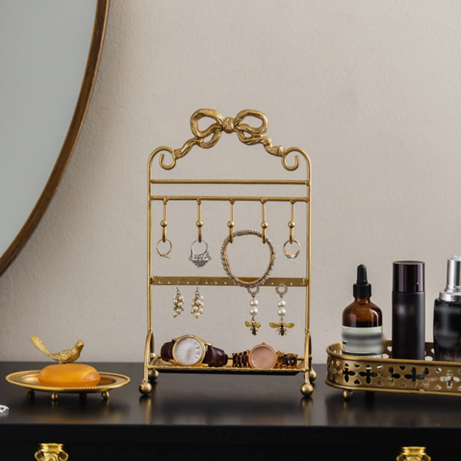 

Jewelry Display Stand Gold-Tone Jewelry Organizer Stand Necklace Holder Five Hooks Space Saving