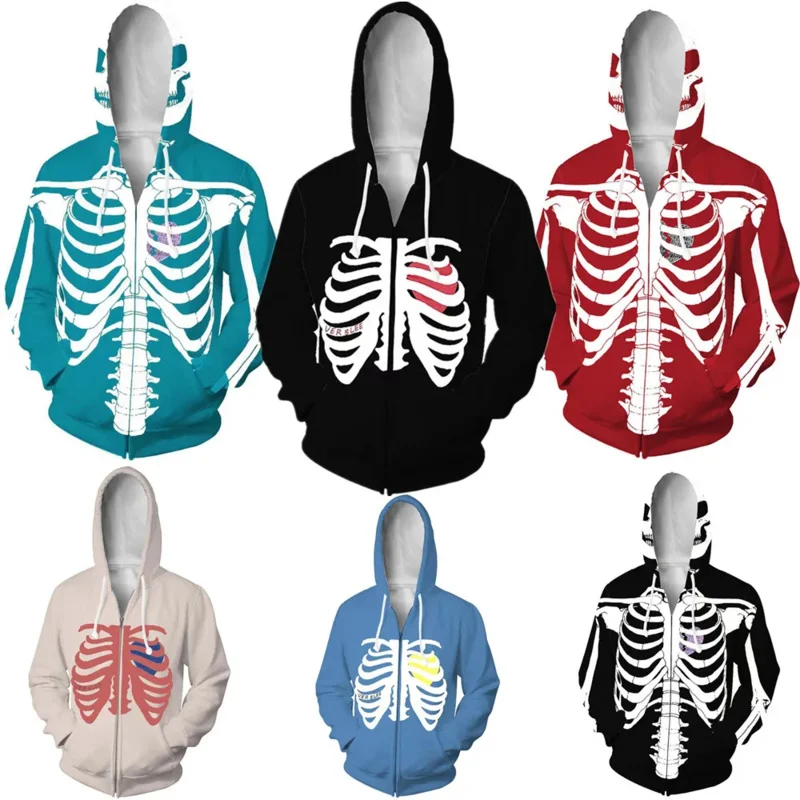 Skeleton Zip Up Hoodie Men Women Heart Funny 3D Printed Skull Hooded Coat Unisex Harajuku Street Wear