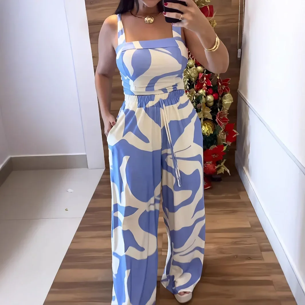 

A two-piece casual printed halter top and trousers set for women