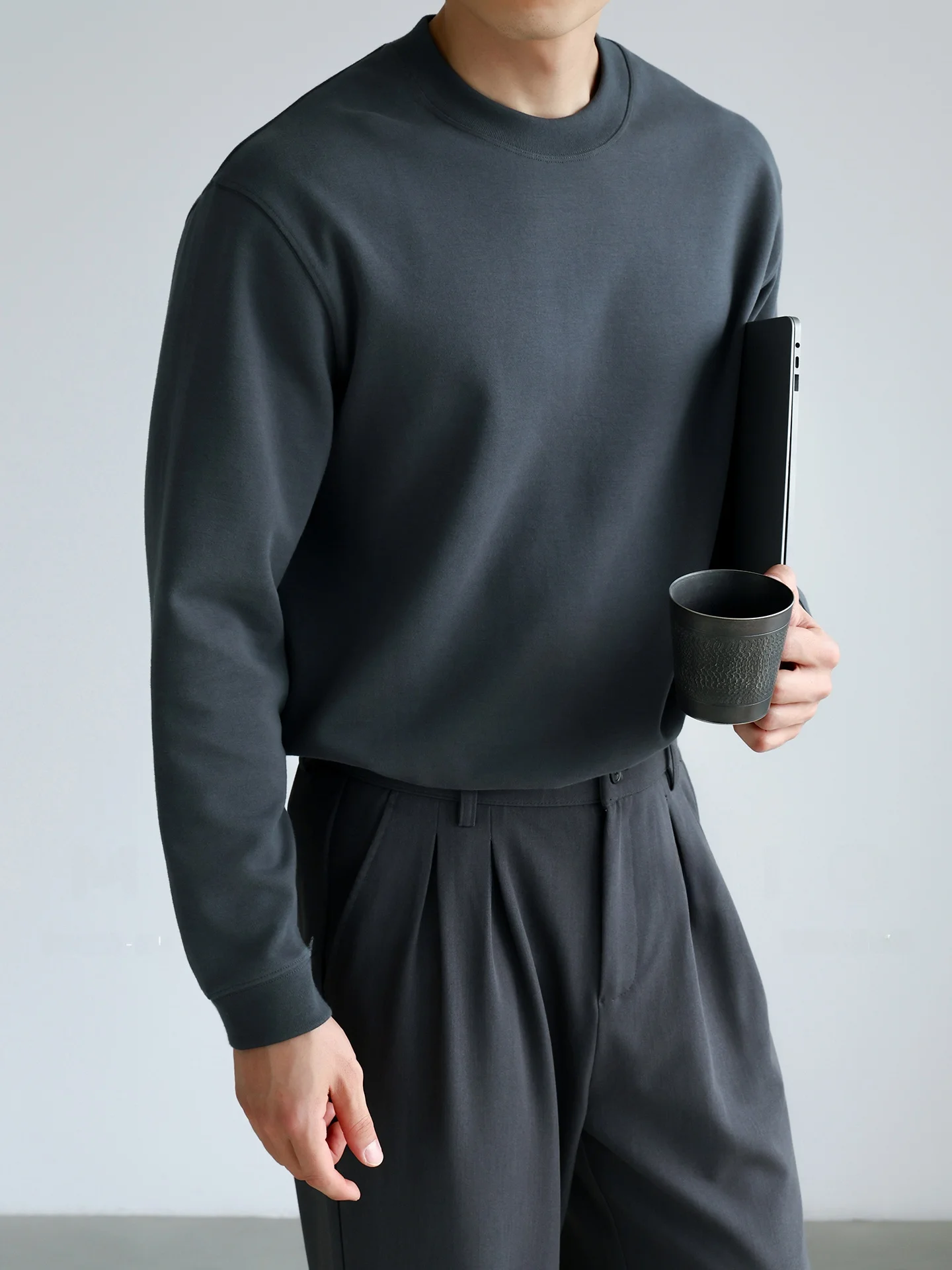 Double-Sided Ceramic Flocking Long Sleeve T-Shirt Men's Three-Needle round Neck Base Shirt Warm Business Casual Cotton Blend