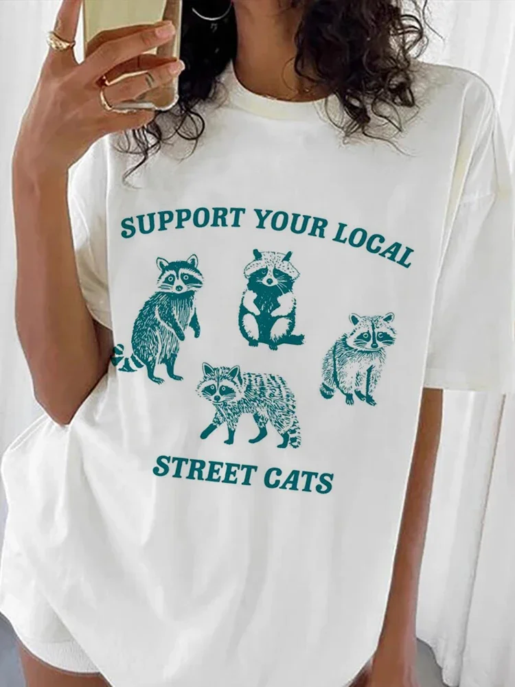 Women's T-Shirt Printing Support Your Local Street Cats Short Sleeve Casual T-Shirt Women's Clothing Pattern Summer Fashion T-Sh