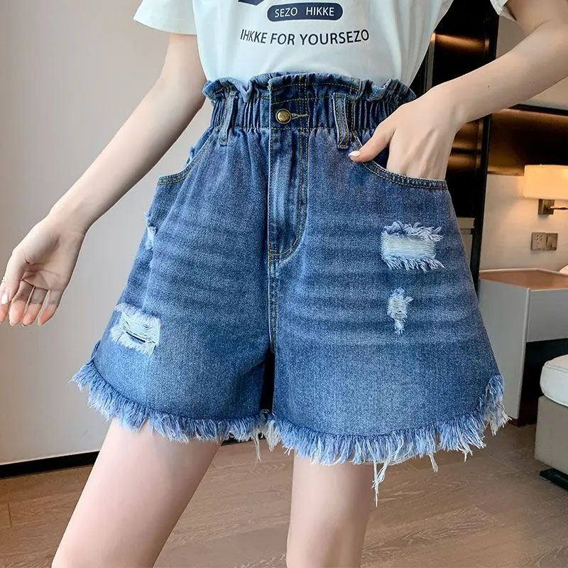 Women's Summer Fashion Simplicity Hole High Waist Wide Leg Women Clothes Trend Temperament All-match Casual Denim Shorts