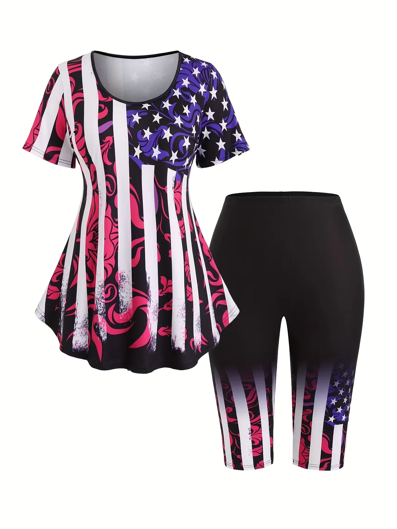 

2025 spring and summer new casual loose plus size digital printing casual pullover T-shirt cropped trousers two-piece suit