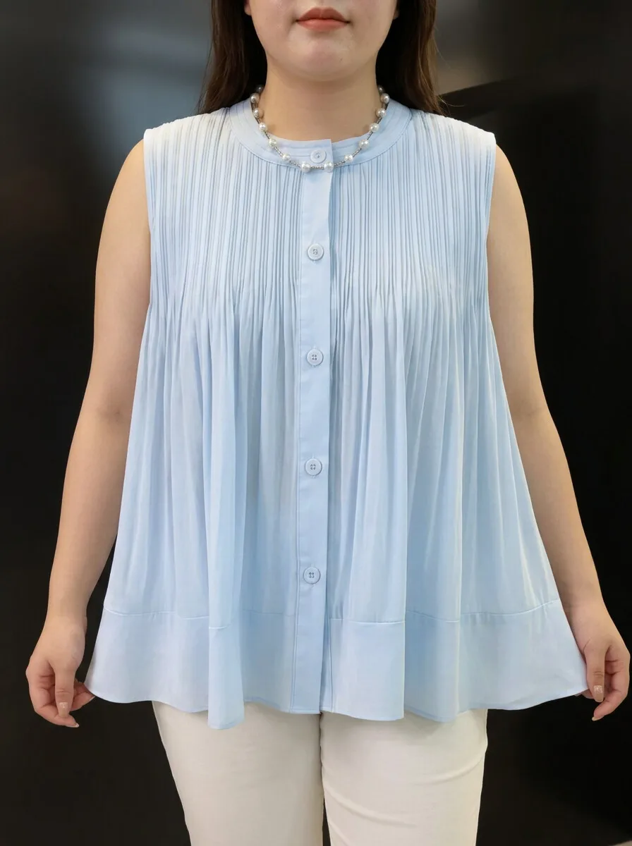 Sweet Style Women Summer Round Neck Sleeveless Pleated Button Front Flared Hem Tank Top