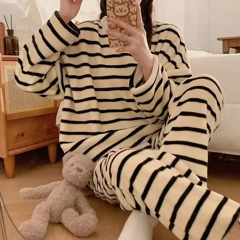Thickened Warm Pyjamas Set for Women‘s Coral Velvet Sleepwear Student Long Sleeve Blue Striped Nightwear Homewear Cartoon Cute image 5