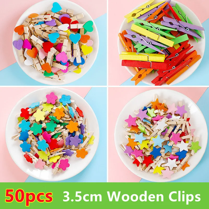 50Pcs/Set Wooden Clips Love Heart Pegs Clothespin Colorful flower  DIY Cute Wedding Decoration Craft Pegs Clothespin