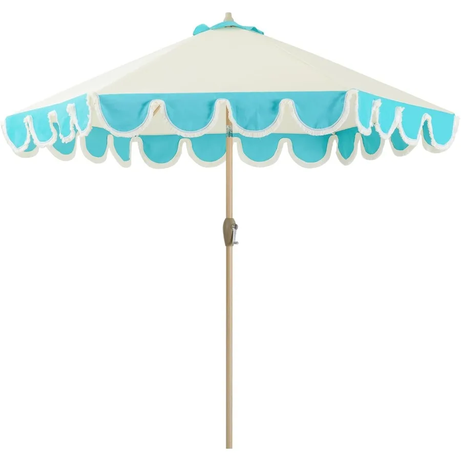 9ft Scalloped Beige Spliced Blue Patio Umbrellas with Fringe for Outdoor Garden and Deck Use WaterResistant and Fade Resistant
