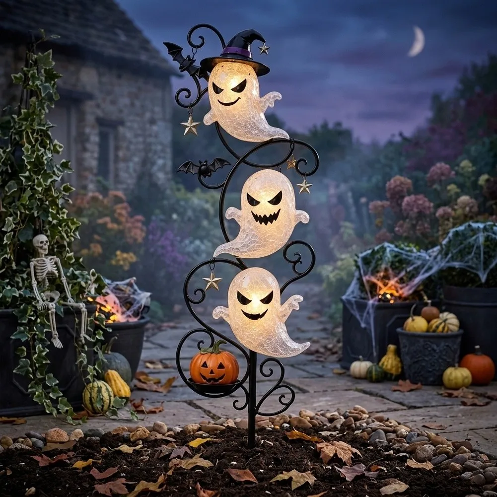 3 Tier Halloween Lighted Stake With Witch Hat Bat Jack O Lantern Waterproof Iron Garden Ornament For Yard Pathway Decor