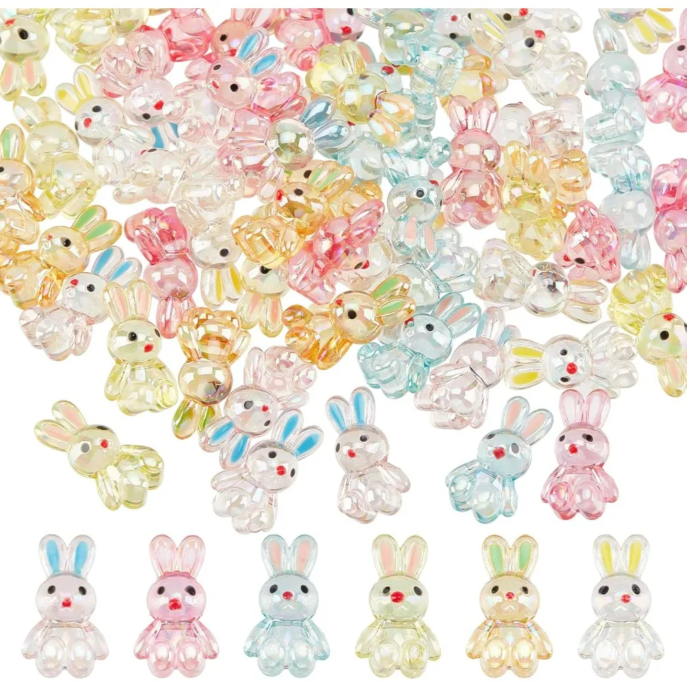 72Pcs 6 Colors Acrylic Assorted Beads Transparent Rabbit Bead Cute Kawaii Bunny Beads for DIY Craft Bracelet Necklace Earring