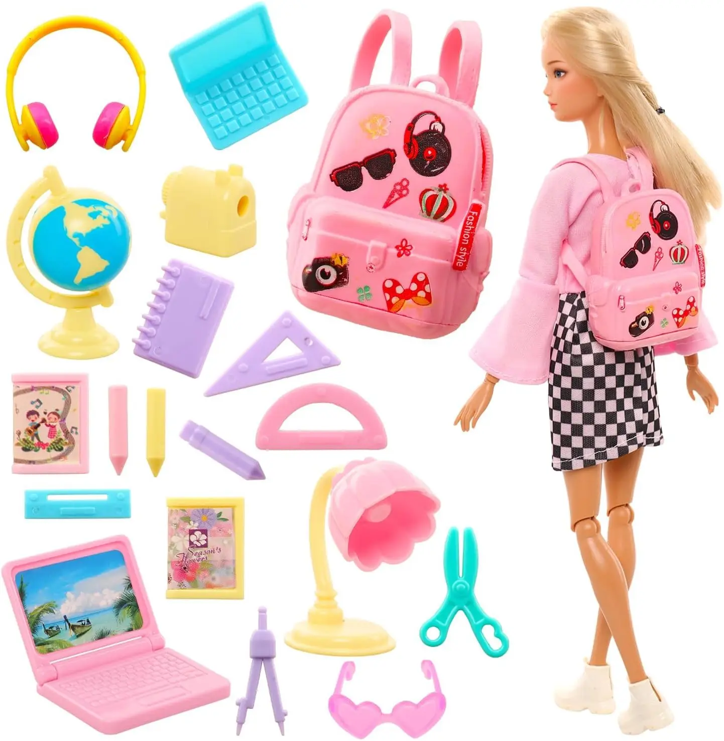 19 Peças de Acessórios Escolares para Bonecas: Mochila, Mini Luminária de Mesa, Laptop, Mini Globo, Óculos e Fone de Ouvido para Bonecas Barbie - Brinquedos Infantis