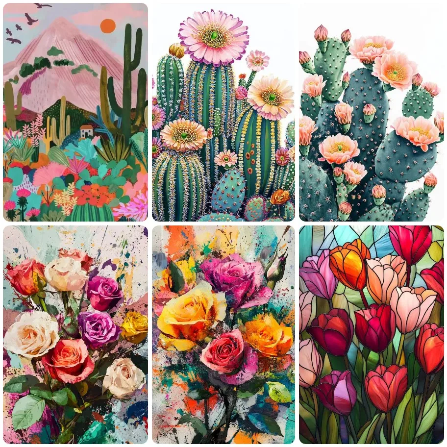

Cactus Flower Jigsaw Puzzle, Desert Volcano Landscape Blooming Cactus Rose Stained Glass Tulip Floral Still Life Wall Decor