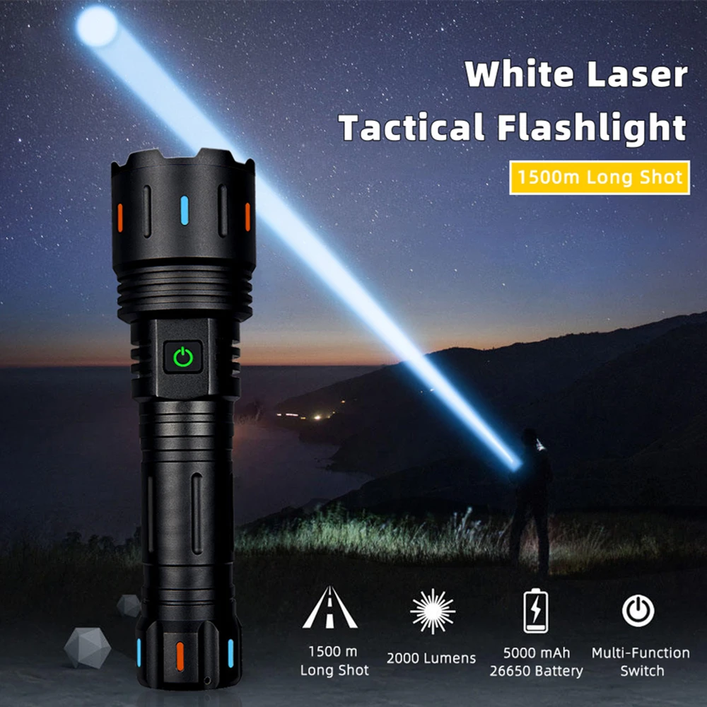 White Laser Spotlight LED Flashlight LED Super Long Shot Lighting Outdoor Type-C USB Rechargeable 50W Tactical Flash Light Torch