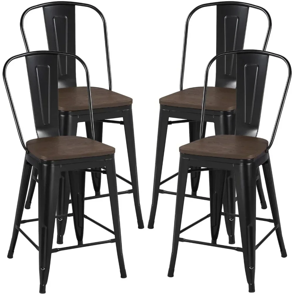 24Inch Seat Height Dining Stools Chairs with Wood Seat/Top and High Backrest, Industrial Metal Counter Height Stool，set of 4