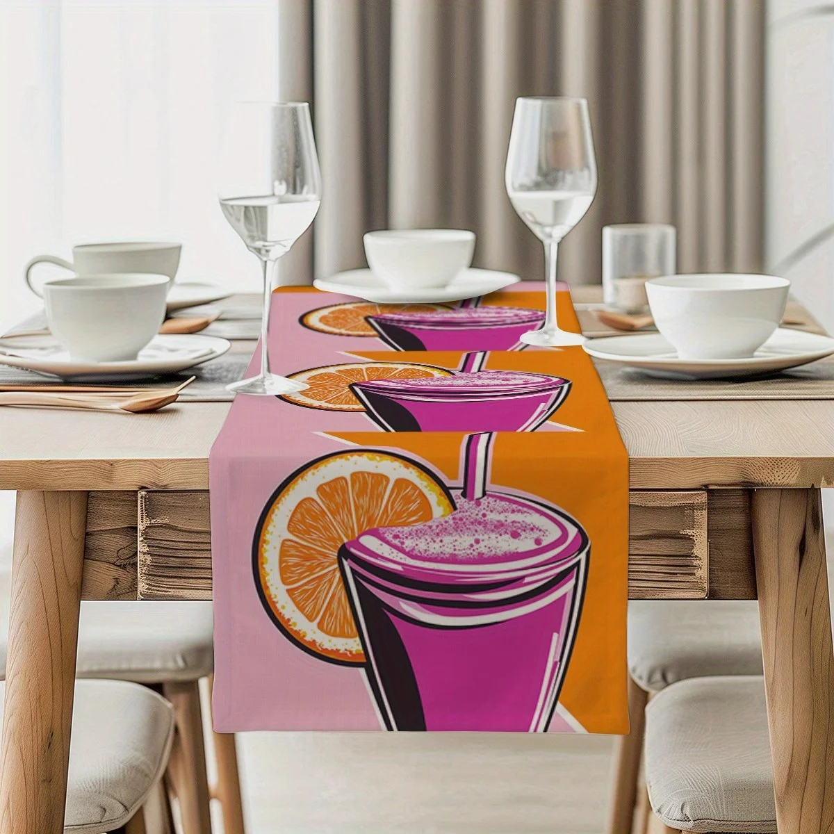 1 Piece of Orange Slice and Drink Pattern Pink Design Table Runner, Suitable for Farmhouse, Indoor, Kitchen, Celebrations, Table Decoration, Restaurant, and Banquet Decoration Supplies