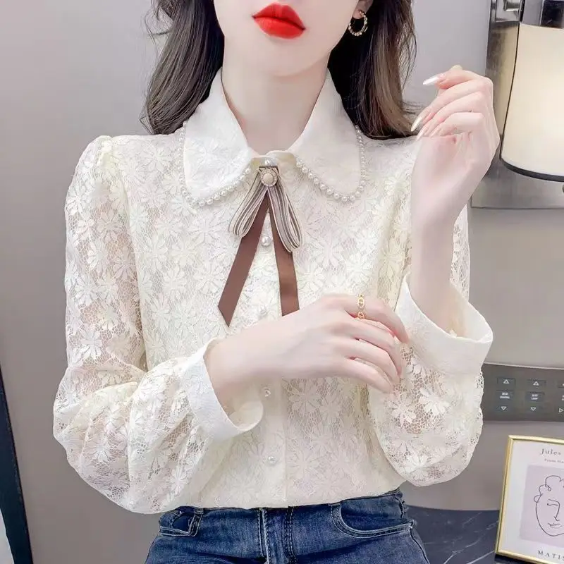 Women\'s French Style Beaded Chic Sweet Lace Button Up Shirt Fashion Bow Elegant Blouse Solid Long Sleeve Loose Tops Blusas Mujer