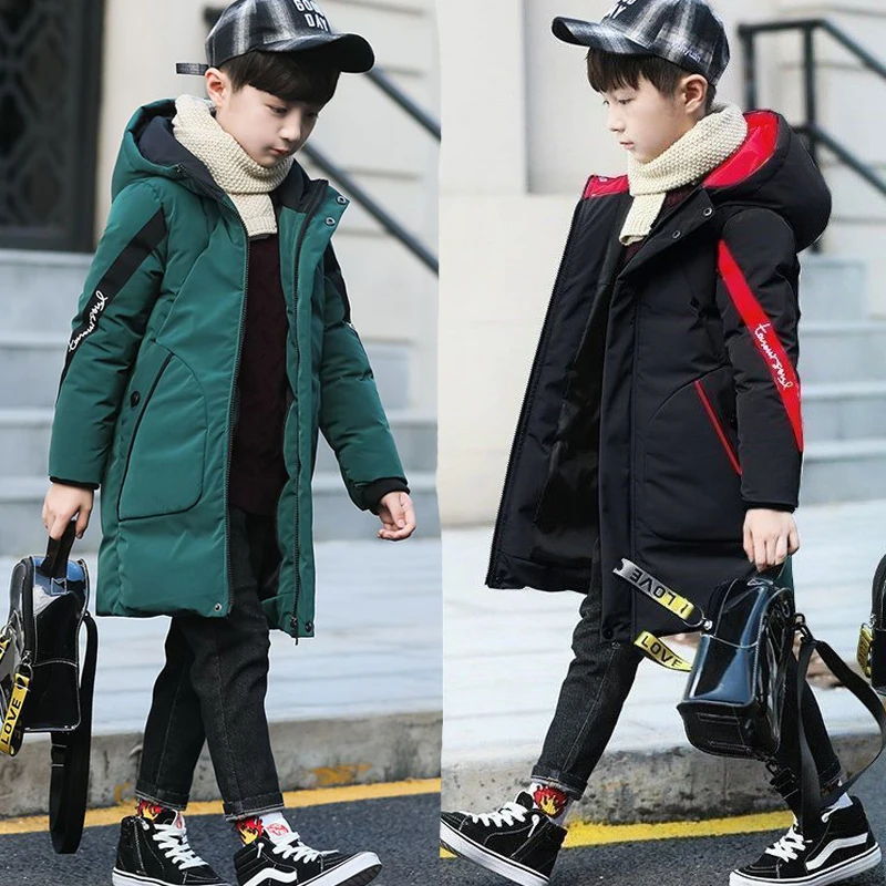 3 -14 Years Keep Warm Winter Boys Jacket 2026 Teenager Mid-Length Plus Velvet Thick Fur Collar Hooded Cotton Coat For Kids