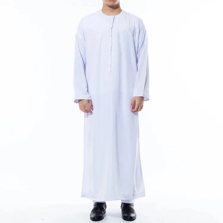 2024 Men's New Muslim Abaya Casual Middle Eastern Round Neck Robe + White Headscarf + Headband Islamic Robe Clothing
