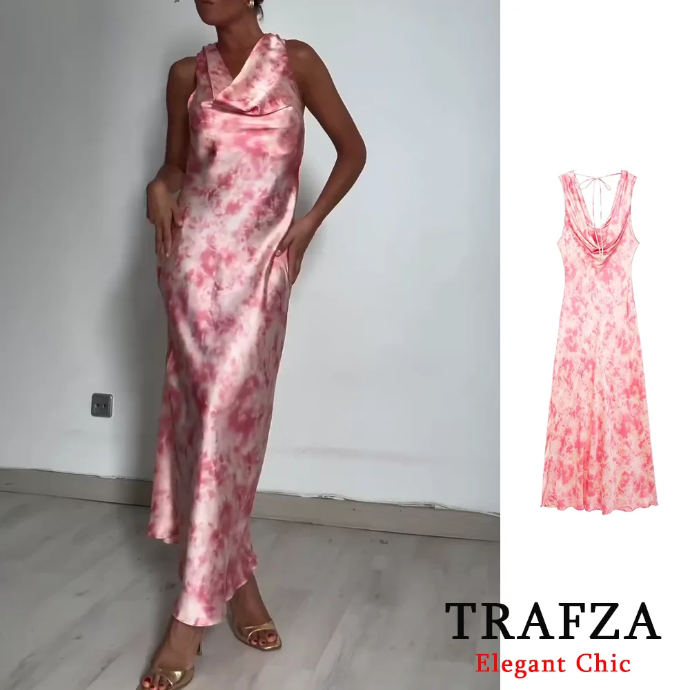 TRAFZA Vintage seksowna satyna Tie-dye Print różowe kobiety sukienka moda 2024 lato bez pleców, długa sukienka Elegent impreza wieczorowa sukienka