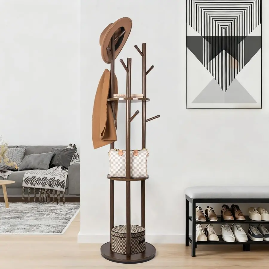 

Wood Coat Rack Hanger Stand Freestanding Clothes Coat Tree with 3 Shelves and 9 Hooks for Entryway Bedroom Livingroom Office Co
