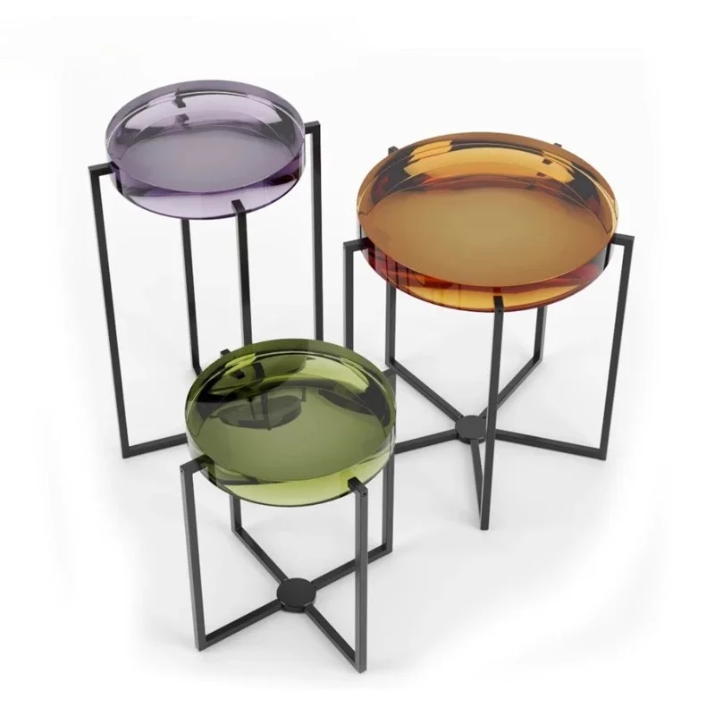 오리지널 아트 금속 공예 투명한 가장자리 작은 아파트 거실 티 테이블 발코니 컬러드 크리스탈 아크릴 사이드 테이블