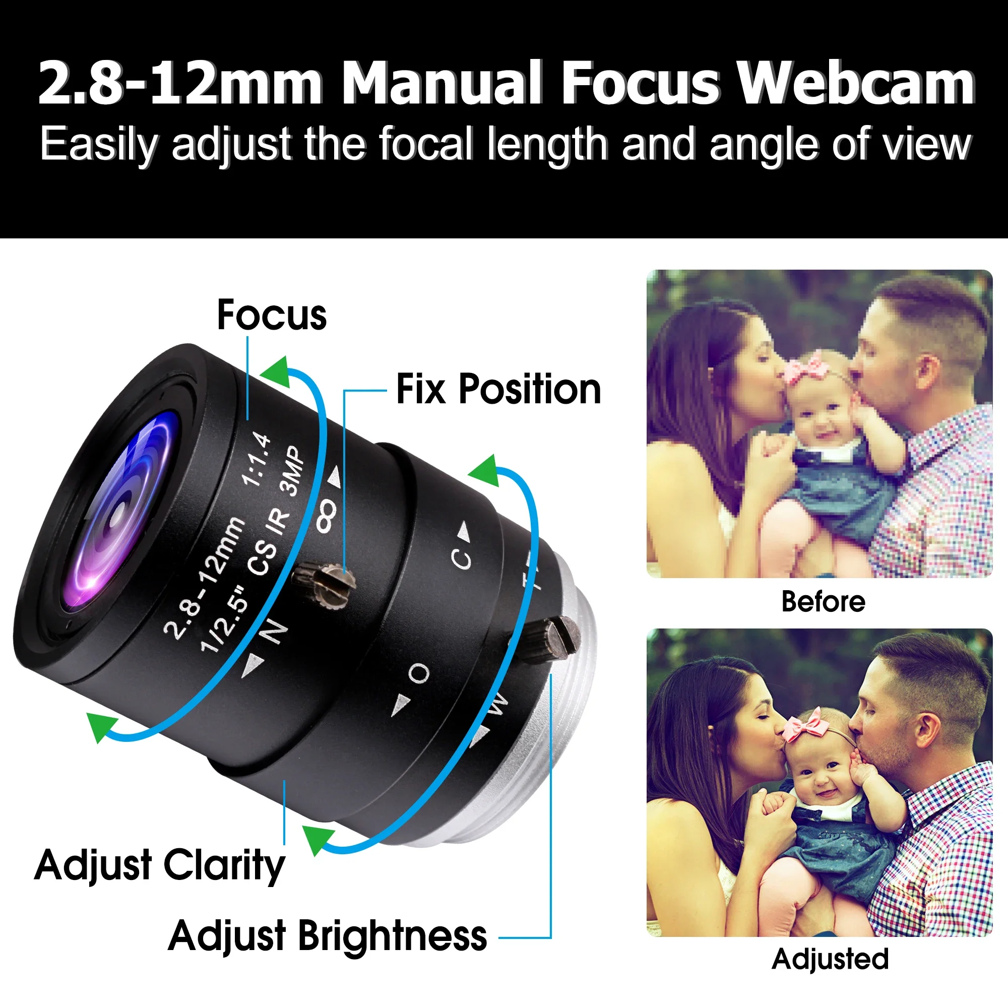 ELP 5MP 30fps Manual Zoom UVC Webcam 2592x1944 High-Performance USB2.0 Security Camera for Industrial Vision, PC & Laptops