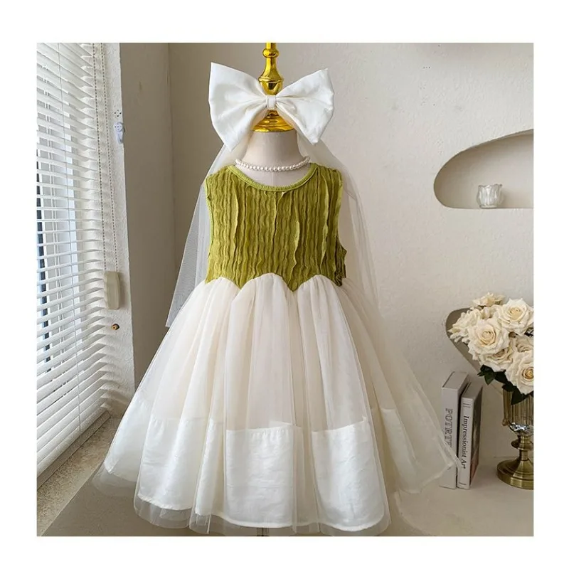 New Summer Korean Version, Girls' Western-style Pleated Patchwork Sleeveless Mesh Princess Style Dress, Trendy