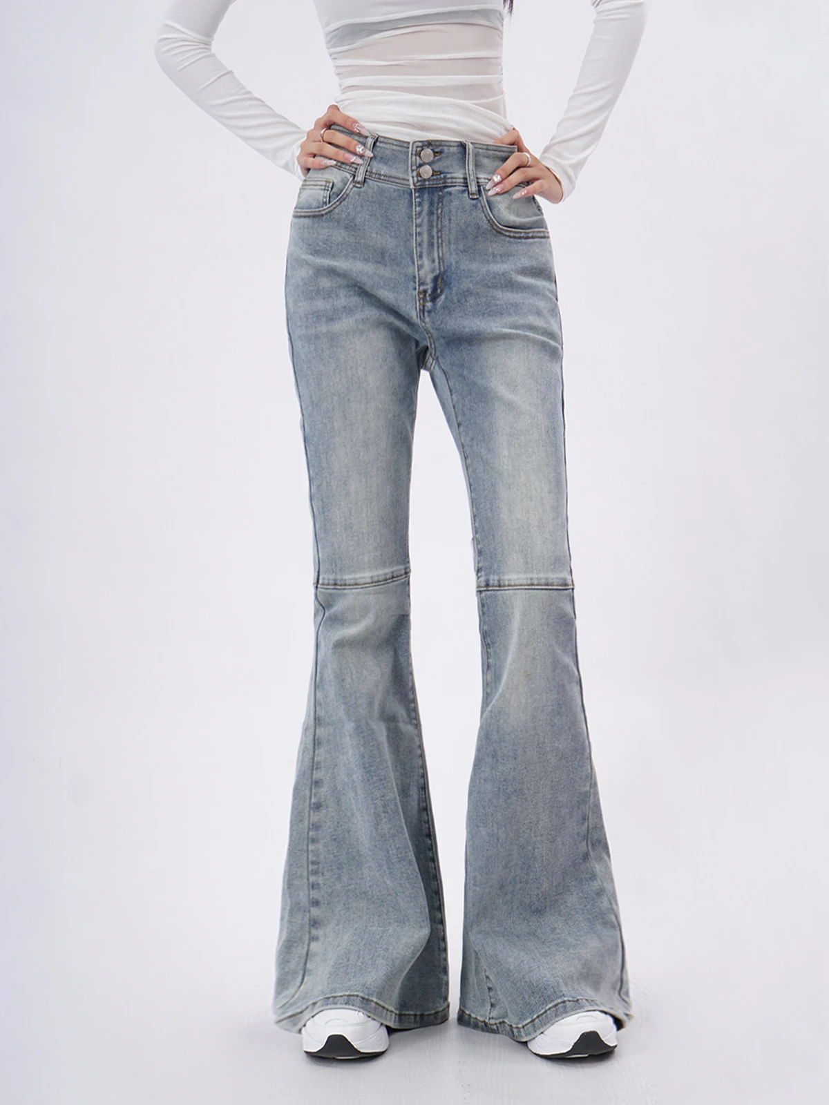 American Retro High Waist Elastic Denim Jeans Women's Double Buckle Slim Patchwork Straight Leg Floor-Length  Hoof Pants