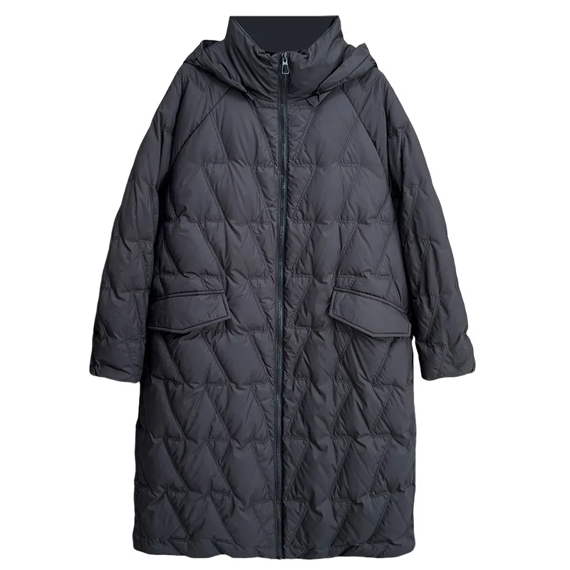 

Женское пуховое пальто больших размеров, зимняя свободная утолщенная длинная куртка с капюшоном из 50% белого утиного пуха 2786