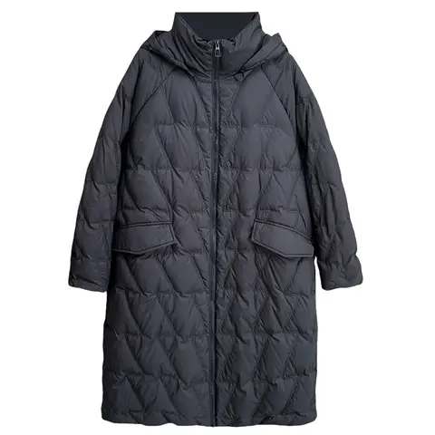 Plus Size Women Down Coat Winter Loose Thickening Z Pattern Hooded 50% White Duck Down Long Jacket 2786