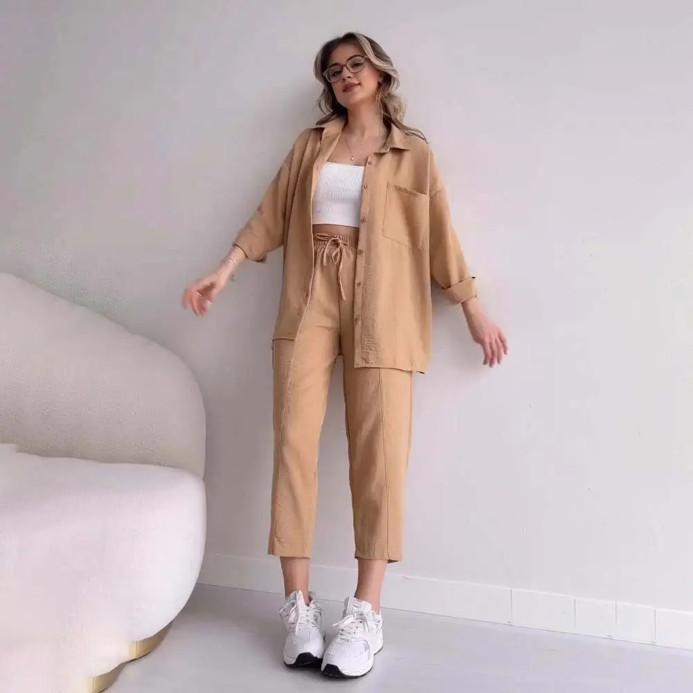 Women Solid Color Suit Stylish Women's Shirt Pants Set with Lapel Collar Chest Pocket Outfit with Drawstring Waist for Everyday