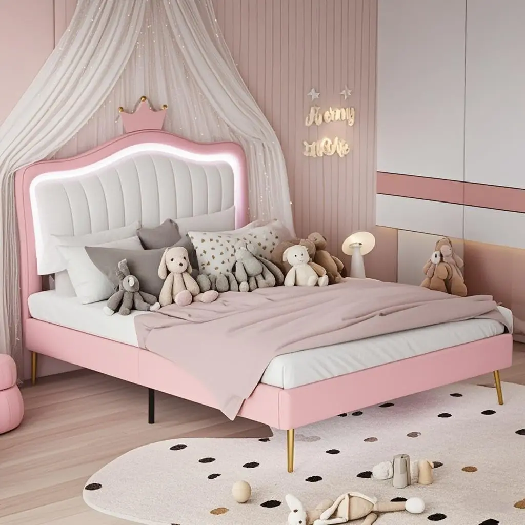 

Полноразмерная кровать принцессы с изголовьем с короной, современный каркас кровати с мягкой обивкой для девочек, бесшумные деревянные рейки, пружина коробки не требуется