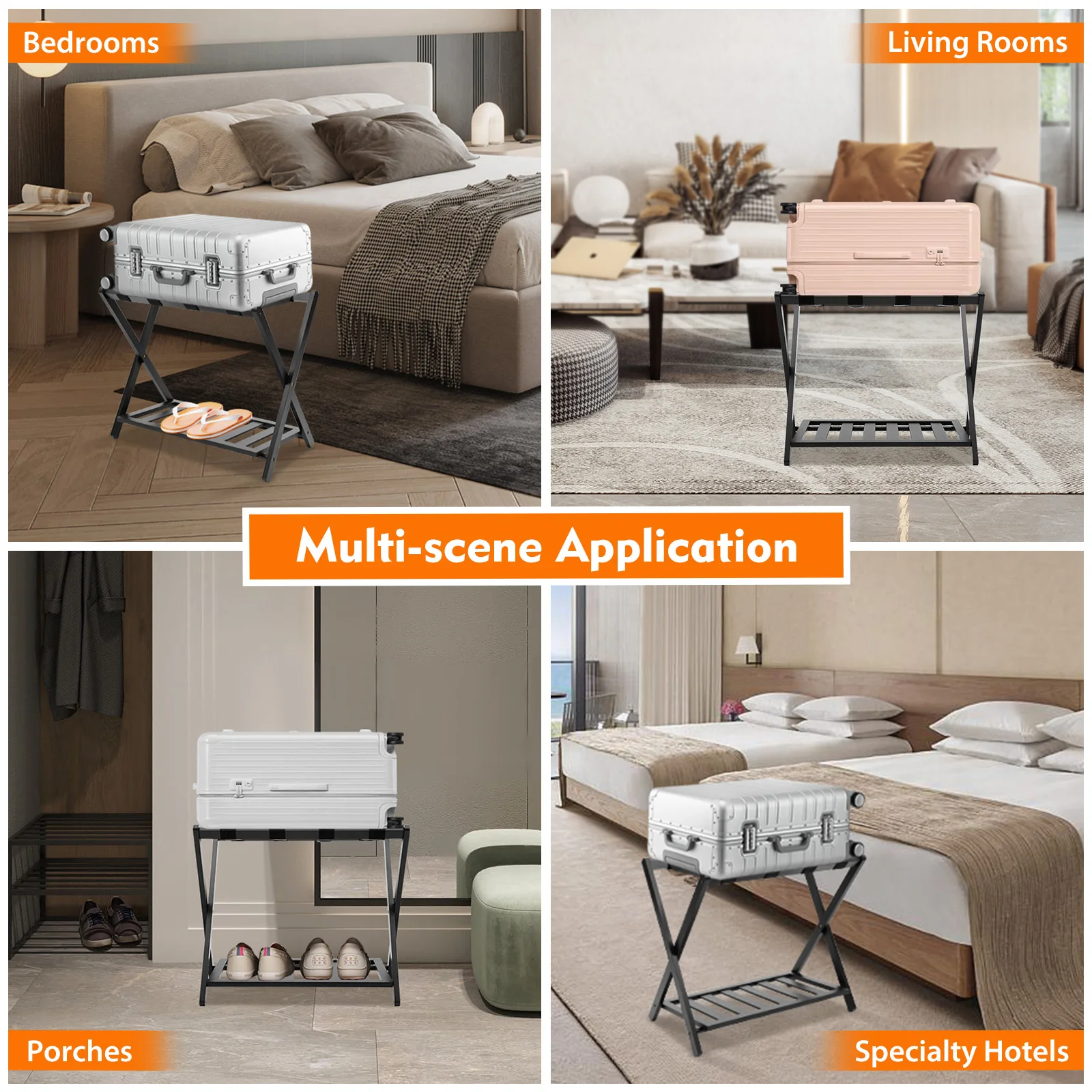 حامل حقيبة قابل للطي من طبقتين للضيوف، رف أمتعة من الخيزران الأسود مع رف تخزين، يحمل ما يصل إلى 220 رطل، لغرفة النوم والفندق #5