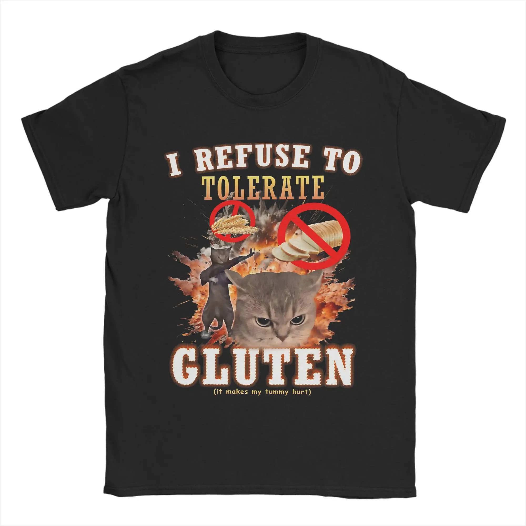 Vintage T Shirt I Refuse To Tolerate Gluten Funny Cat Meme Cotton T Shirts Tee Shirt for Men's Y2K Casual Short Sleeve Top Tees