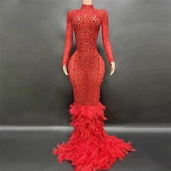 Red Luxury Rhinestones Grand Feathers Sexy Sheath Dress Evening Party Performance Costume Bar Nightclub Singer Dancer Stage Wear