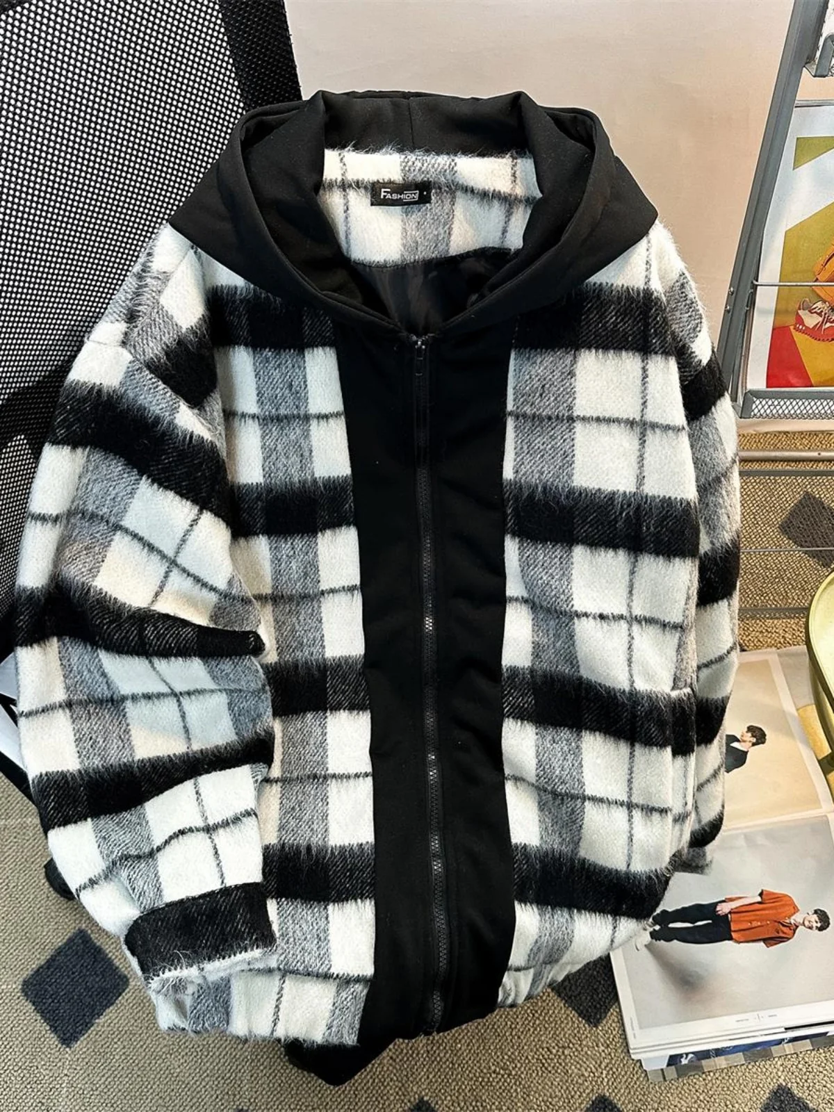 

Thiened Plaid Hooded Jaet for Men Autumn Faion Brand American Retro INS Woolen Coat Youth ular Loose Fit Long Sve