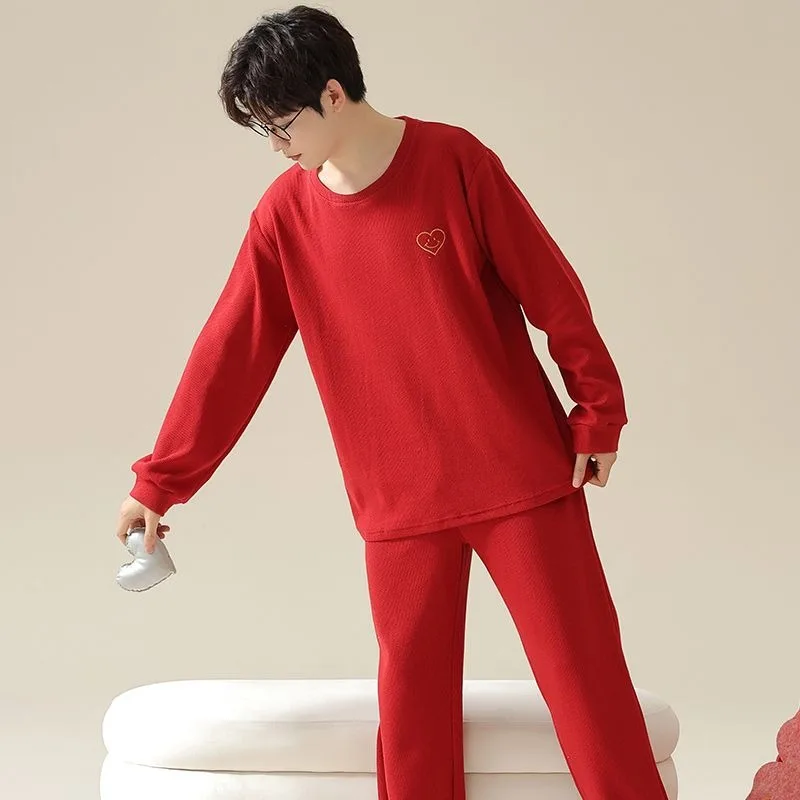 2024  latest spring autumn pajamas Men bridal red sleepwear Comfortable loose nightdress loose round neck Waffle home wear set