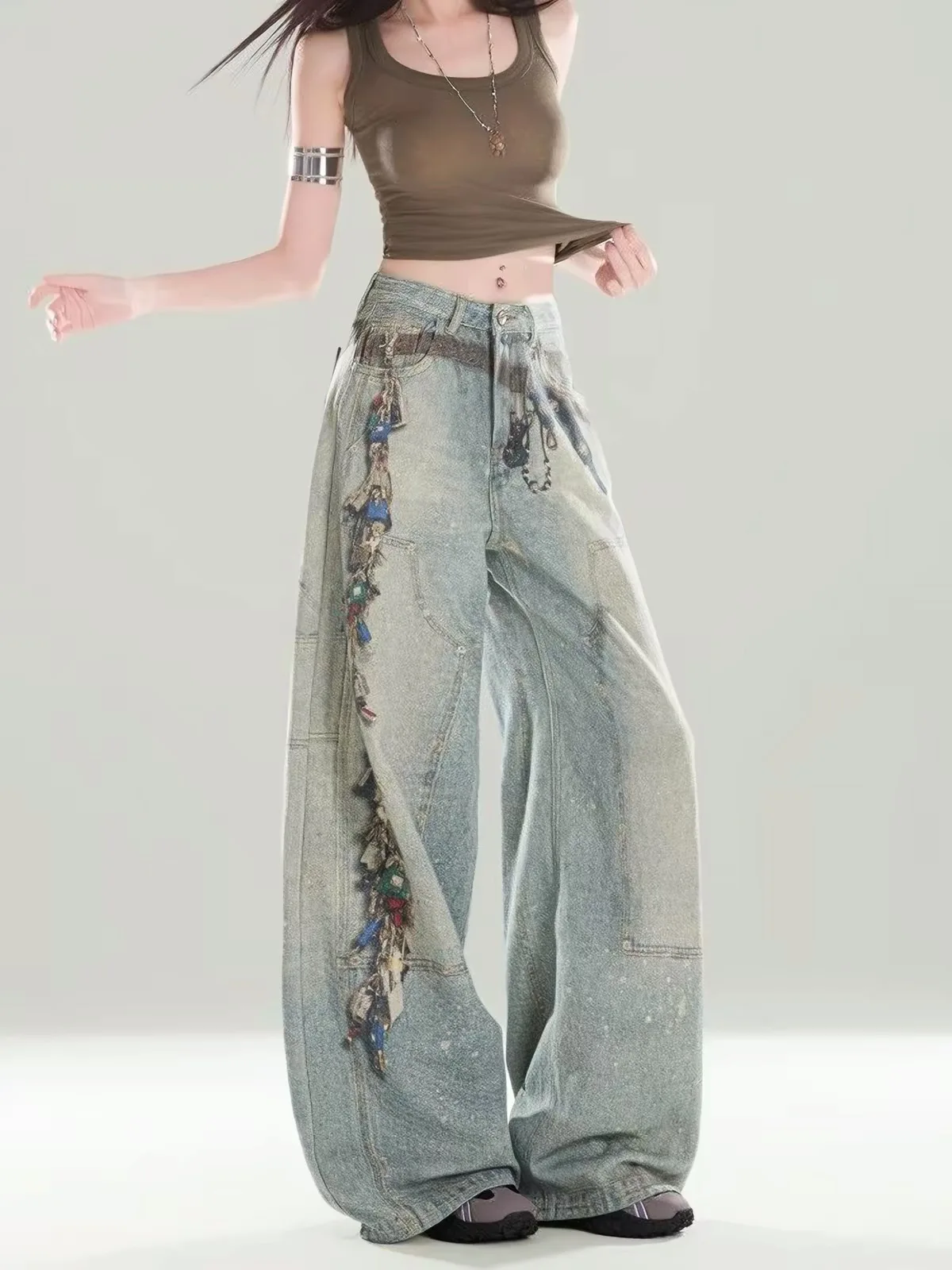 American Style Heavy Work Denim Wide Leg Pants Women's Fashionable Draping Long Jeans Autumn New Pear Shape Body Print