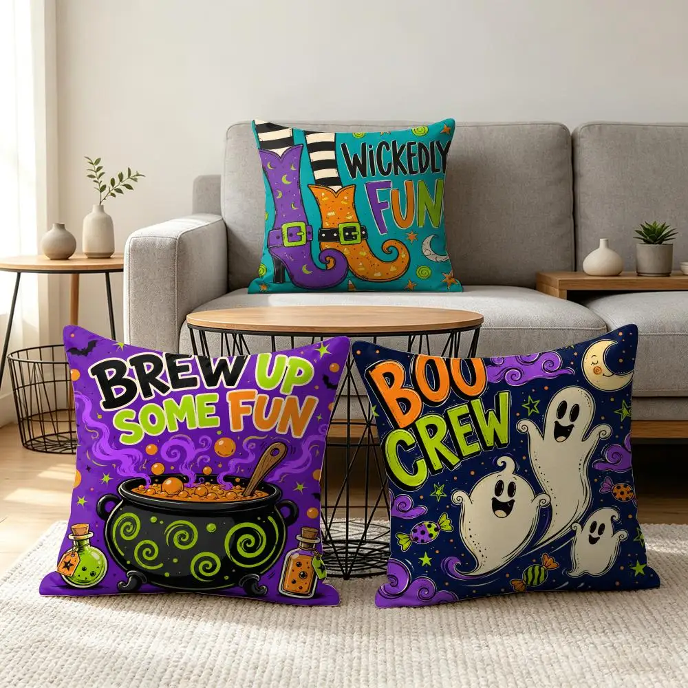 Colorful Halloween Witch Cushion Cover Soft Short Plush Pillow Cover Smooth Cozy Texture Aesthetic Cushion Case Home Decor