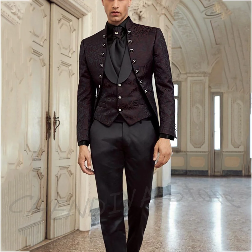 

Luxury Jacquard Printed Jacket For Men Slim Fit Black Pants Classic Single Breasted Handsome Man Suit Set 3 Pieces Customized