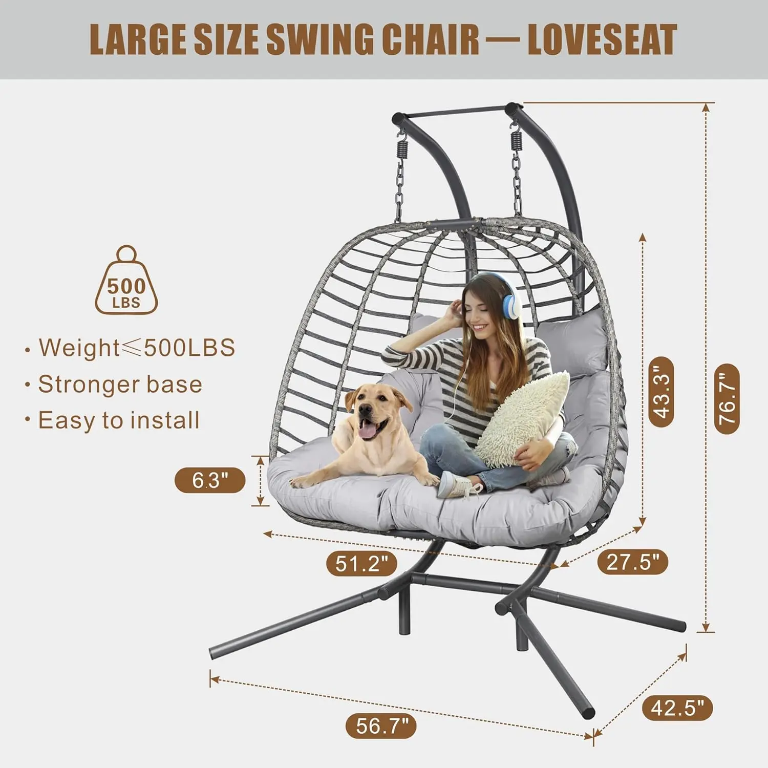 แขวนเก้าอี้ไข่พร้อมขาตั้ง,ลานเปลญวน Swing เก้าอี้เบาะ Loveseat สําหรับห้องนอน,ระเบียง,สวน,ในร่ม,กลางแจ้ง