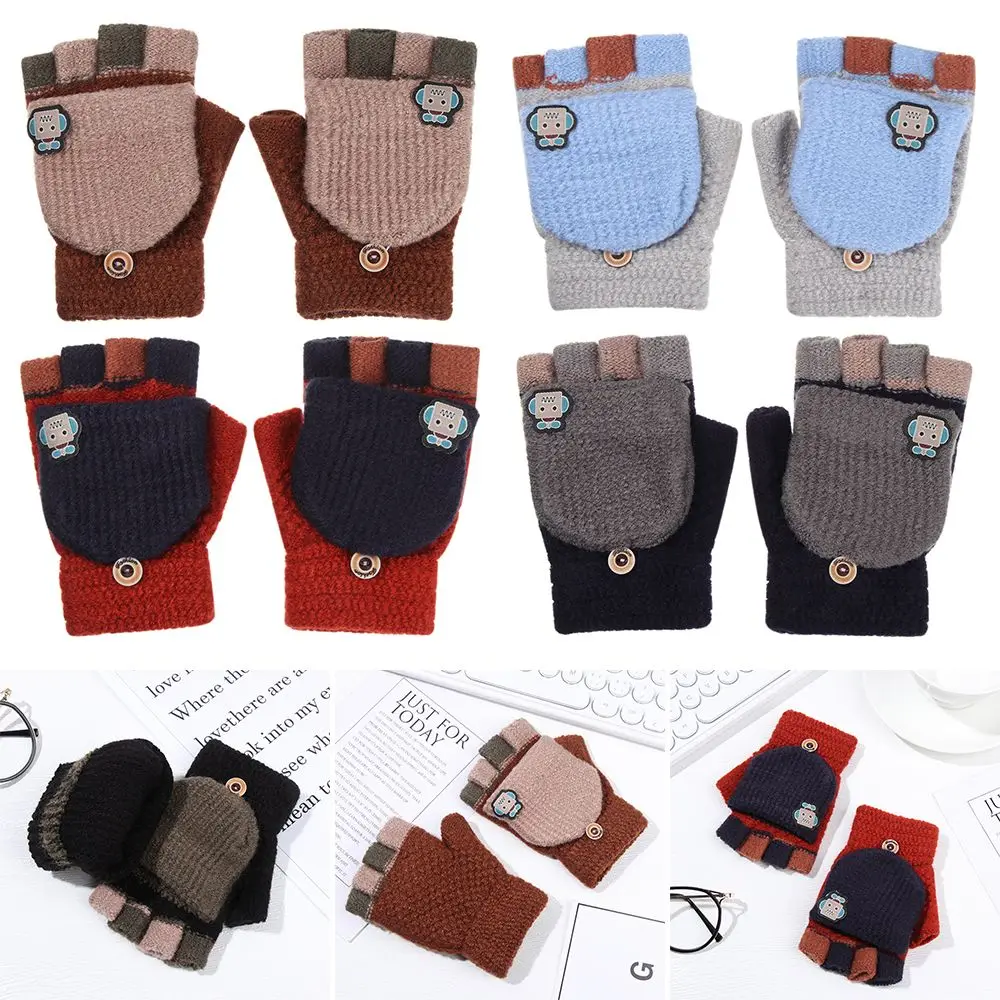 Flexible Students Children Fashion Thickening Gloves Half-finger Gloves Knitted Glove Winter Warm Mittens image 2
