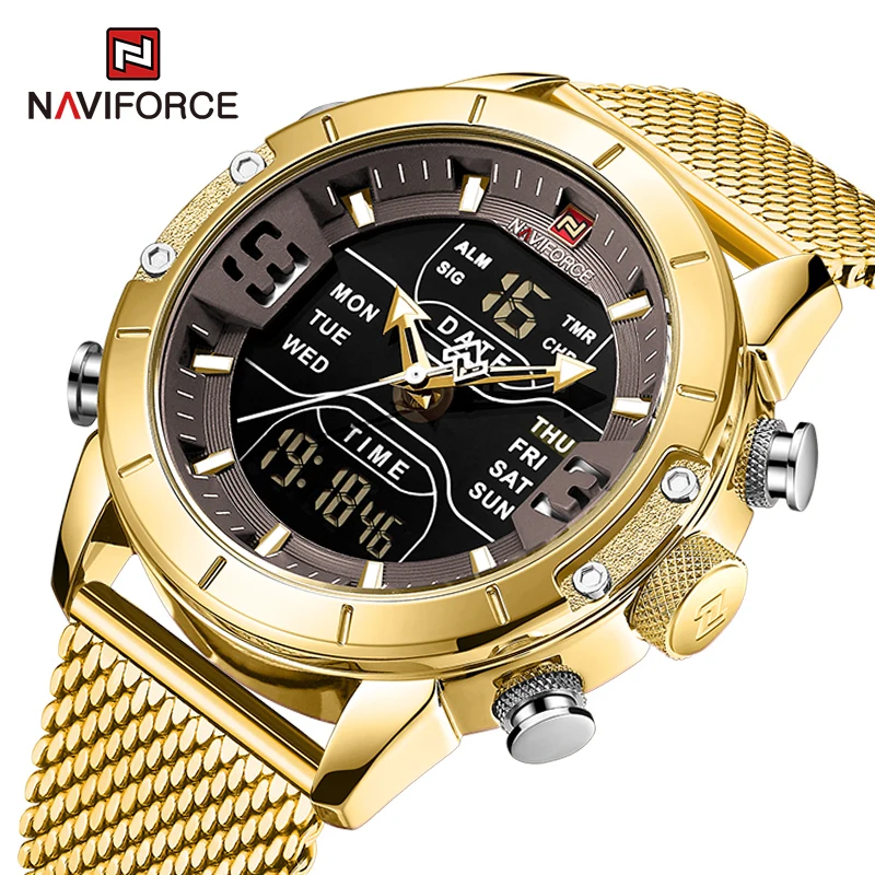 Naviforce Mannen Kijken Top Luxe Merk Man Militair Sport Quartz Polshorloges Roestvrij Staal Led Digital Clock Relogio Masculino